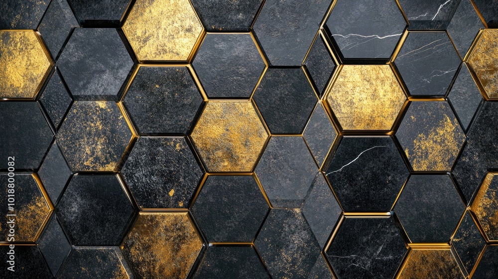 Poster A textured black and gold wall featuring geometric hexagons