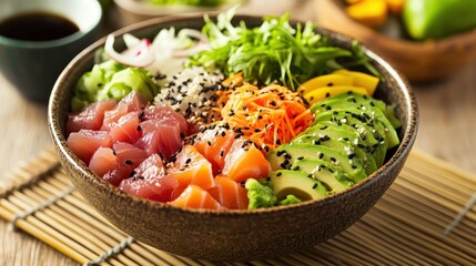 A close-up of a poke bowl with salmon, tuna, avocado, mango, carrots, and seaweed.