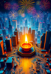 Diwali in Futuristic City: 3D electronic board transformed into high-tech metropolis with traditional diya & firecrackers.