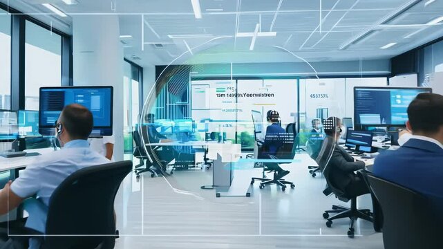 AI-driven automated call systems managing customer queries in a high-tech office with headset-wearing employees and dynamic sentiment analysis