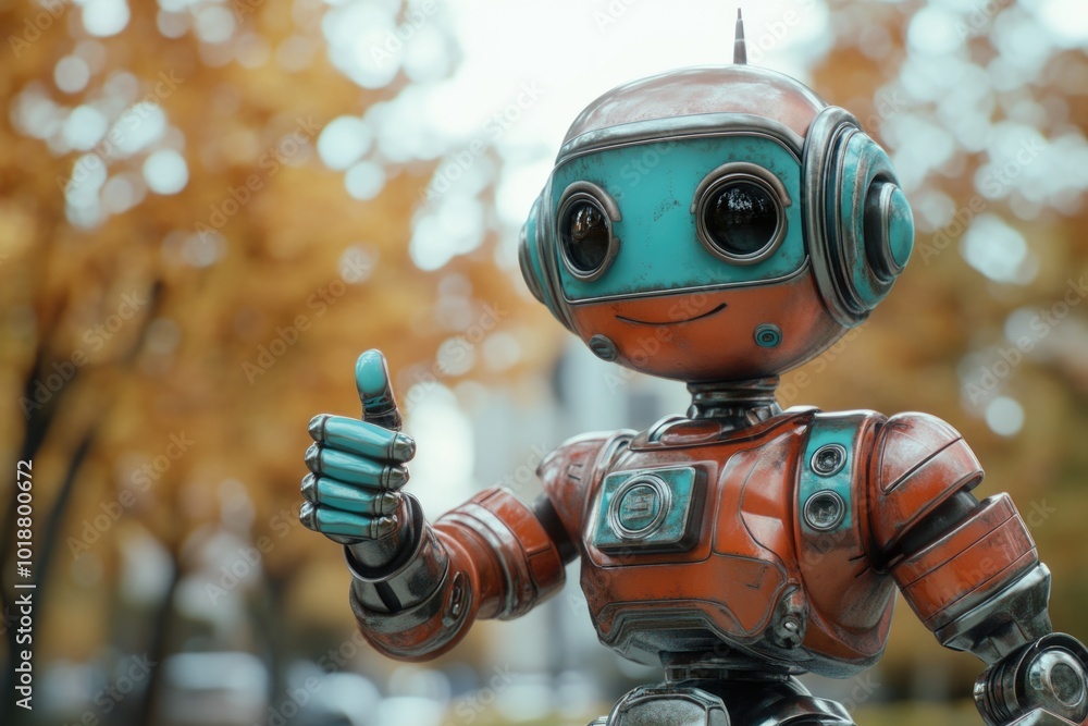 Poster a robot giving a thumbs up in a public park setting