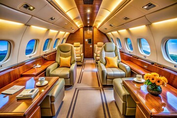 Fototapeta premium Inside a Lavishly Designed Private Plane Showcasing Luxury Features and Elegant Interiors
