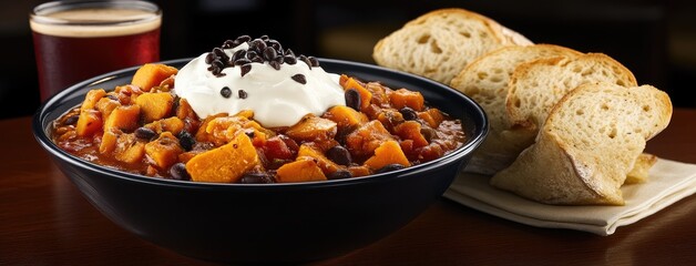 Delicious carrot and sweet potato soup served with cream and black beans in an elegant restaurant setting