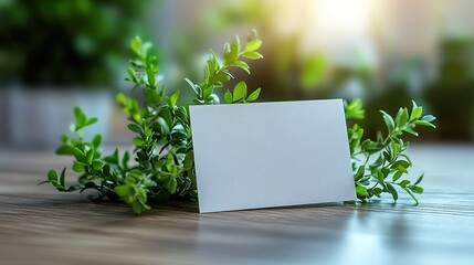 Blank card on greenery background for design purposes.