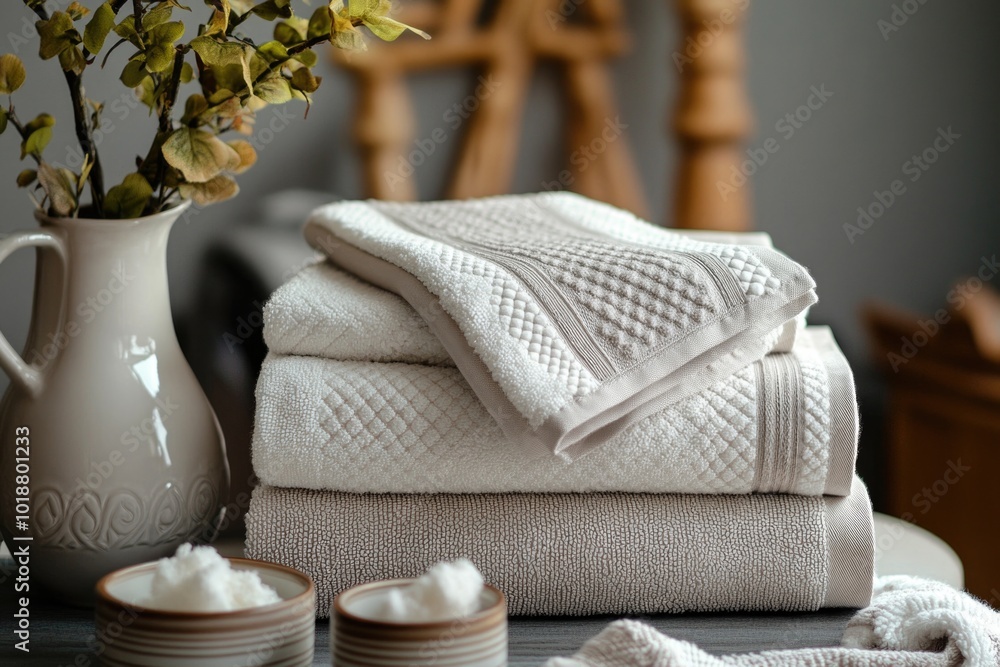 Poster A stack of colorful towels sits atop a table, perfect for use in various settings such as bathrooms, spas, or decorative displays