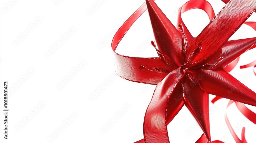 Poster a close-up shot of a bright red ribbon against a pure white background, perfect for designs and proj