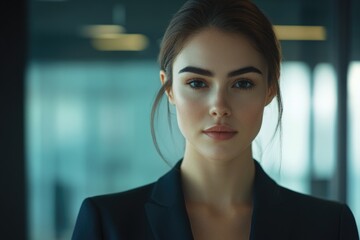 A woman dressed in a formal black suit poses for a photograph, with a neutral expression