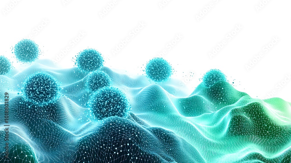 Poster Abstract 3D rendering of a blue and green sphere field.