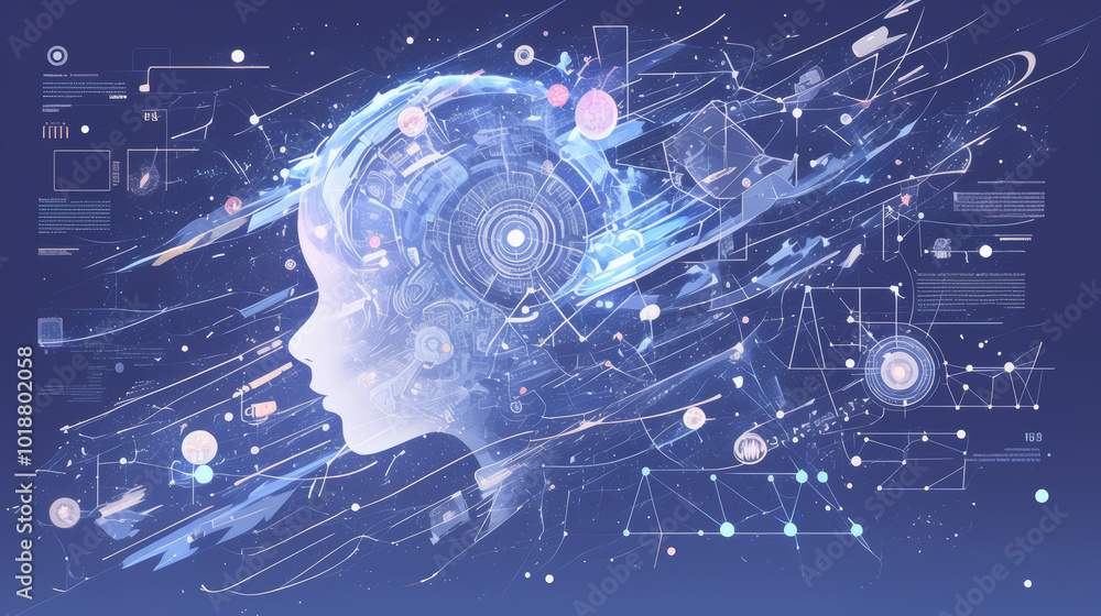 Poster futuristic digital brain with artificial intelligence elements in motion