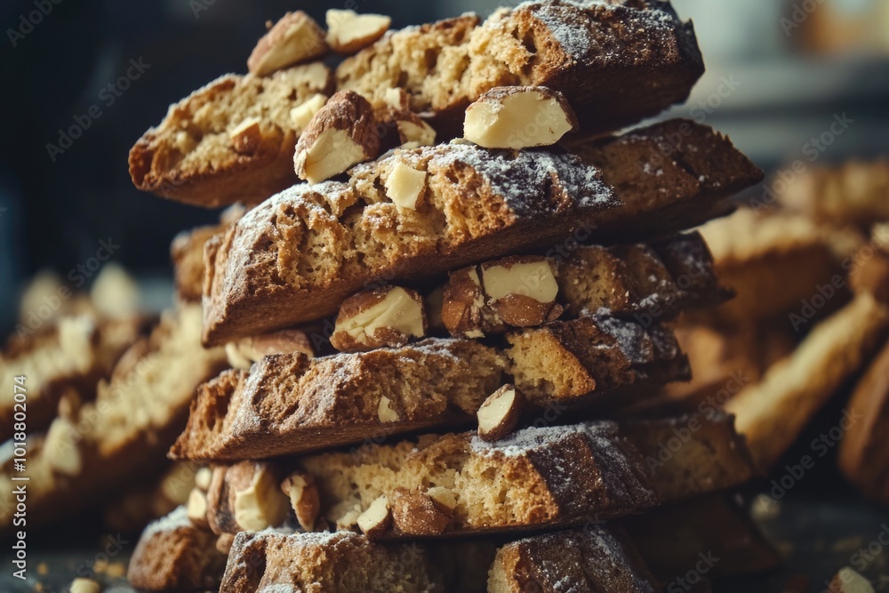 Poster A close-up shot of a stack of cookies on a table, ideal for use in food or baking themed projects
