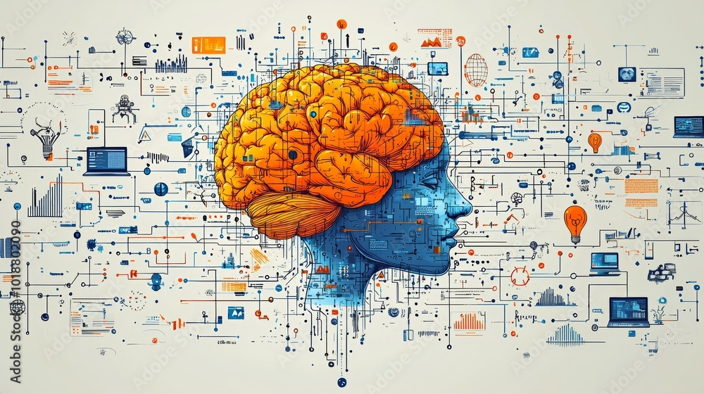 Poster artificial intelligence brain with digital connections and tech concepts