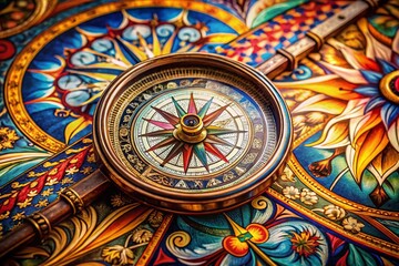 Fototapeta premium Intricate Compass Artwork Featuring Vintage Design Elements and Rich Nautical Color Palette