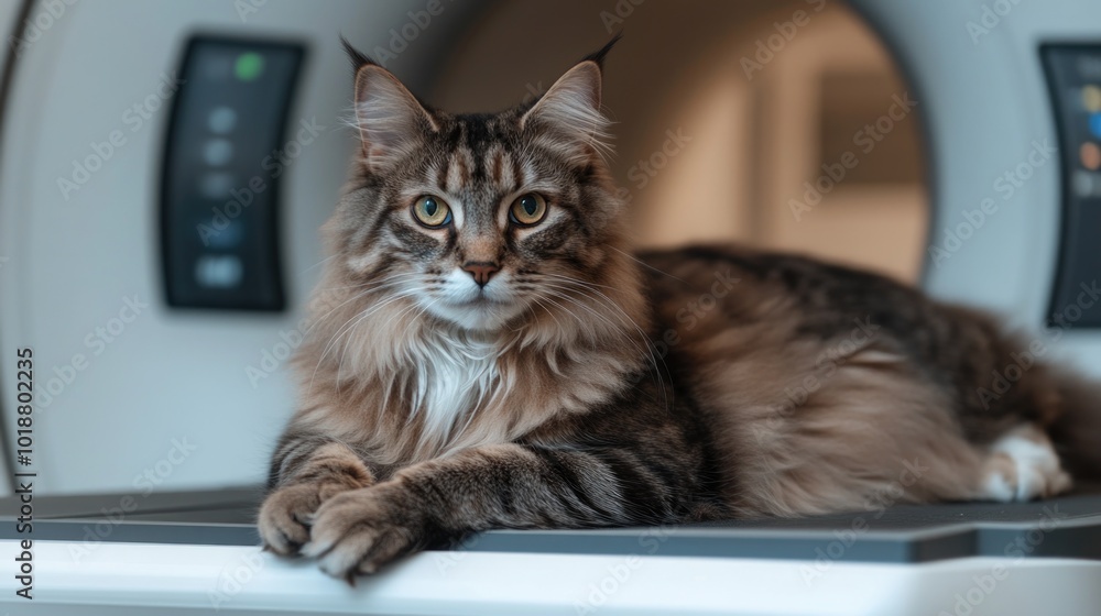 Poster a curious cat lounges on top of a computer desk
