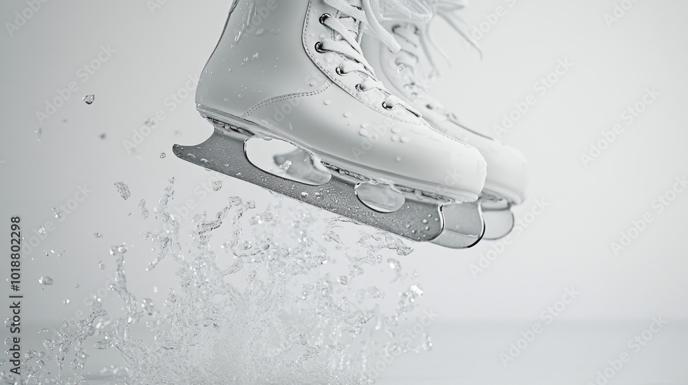 Poster a pair of white ice skates breaking through the surface of the water, creating ripples and foam