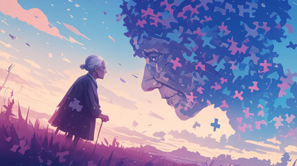 Elderly woman with symbolic puzzle face representing memory loss