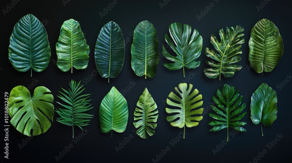 Poster A collection of diverse leaves against a dark background