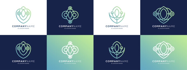 Collection of Leaf and Connection Technology logo design graphic ideas. Trendy circuit lines dot connection. Outline vector illustration based icon template.