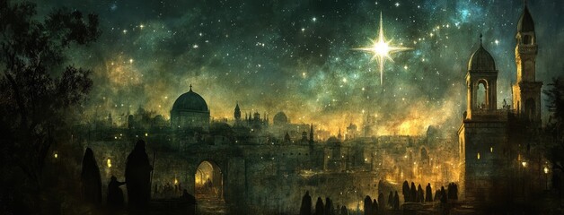 A magical Christmas night in Jerusalem with stars and the shining Star of Bethlehem over the ancient city