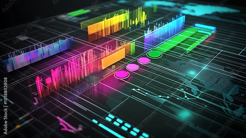Poster Abstract futuristic interface with colorful data bars, circles, and world map.