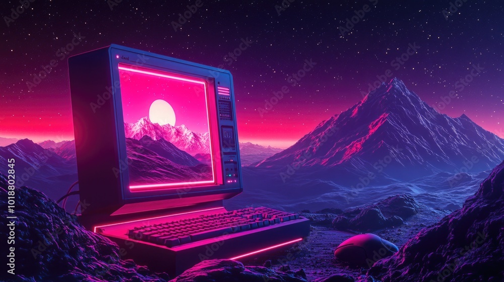 Poster a person's laptop computer sitting at the summit of a mountain, with a scenic view in the background