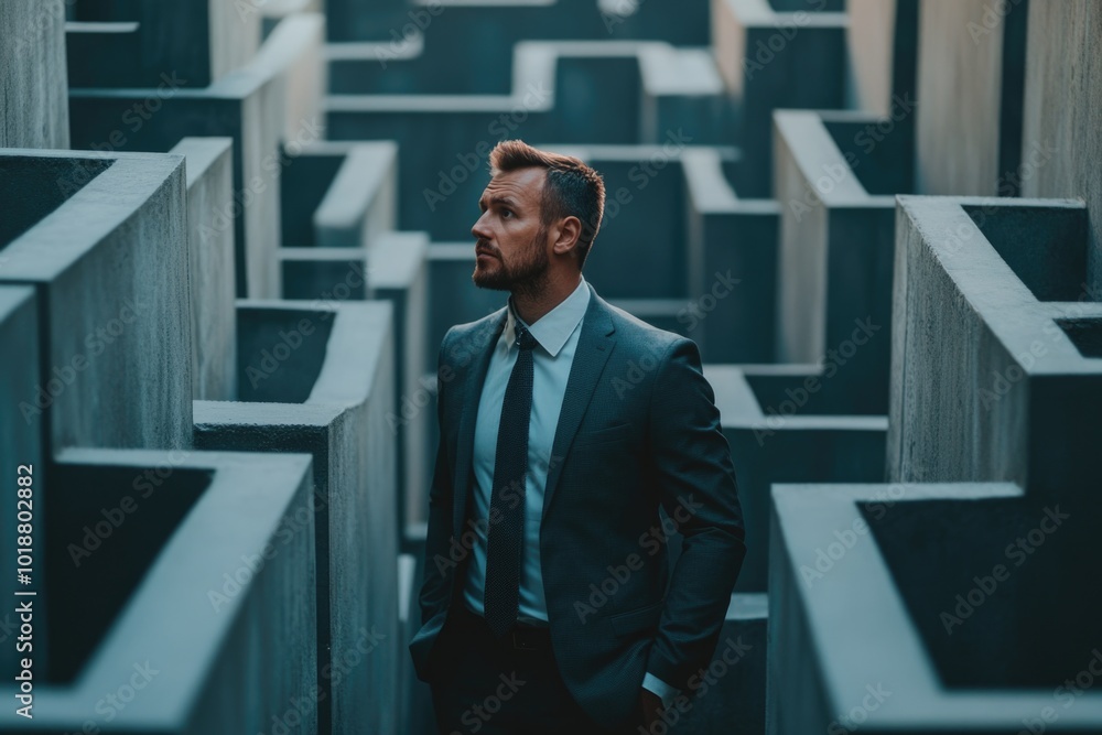 Poster a person dressed in formal attire navigates through a complex labyrinth
