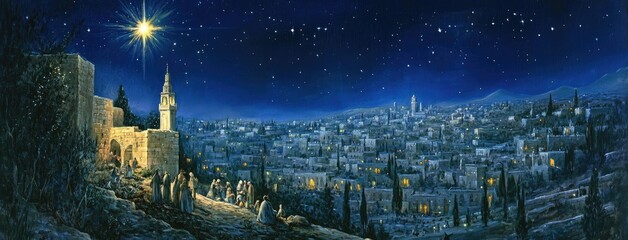 A magical Christmas night in Jerusalem with stars and the shining Star of Bethlehem over the ancient city