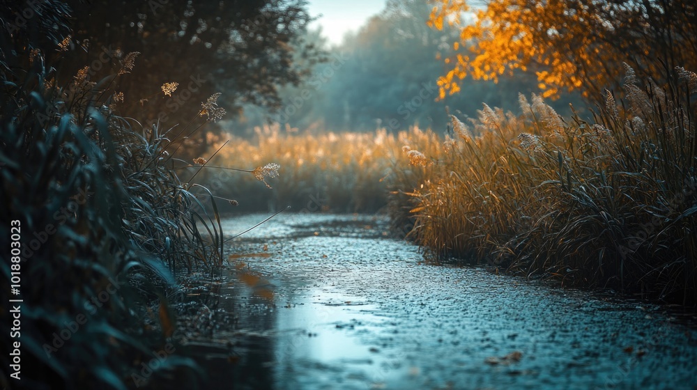Poster a serene and peaceful stream flowing through a dense and lush green forest