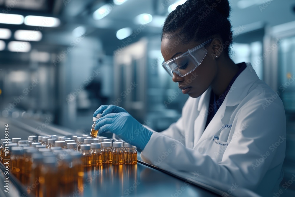 Aufkleber a woman in a lab coat and goggles working with liquid in a laboratory setting