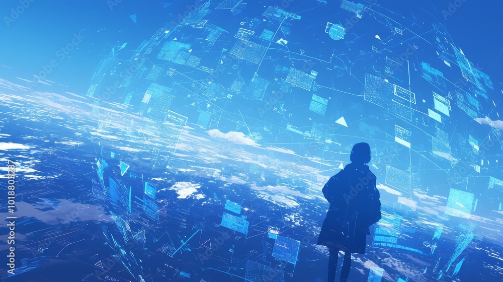 Poster businessman viewing digital data network transformation with futuristic interface