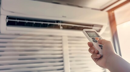 Hand holding remote control of air conditioner with sunlight on the wall