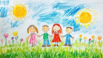 A joyful family scene captured in a colorful toddlera??s drawing, celebrating Father's Day and Mother's Day with love and creativity.