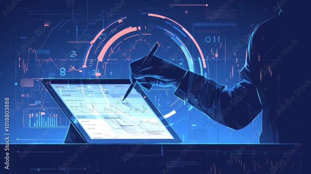 Poster businessman analyzing data on tablet with digital interface background