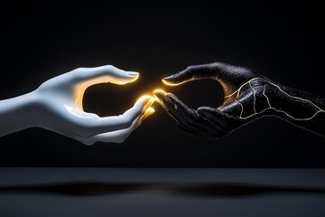 Simple minimalist design of two intertwined hands, one light and one dark, symbolizing the harmony of dualism