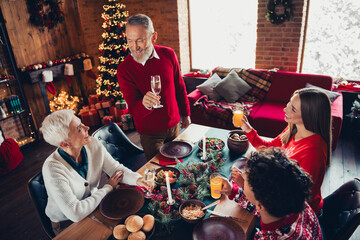Photo of four peaceful family members drink champagne juice say toast celebrate christmas apartment indoors