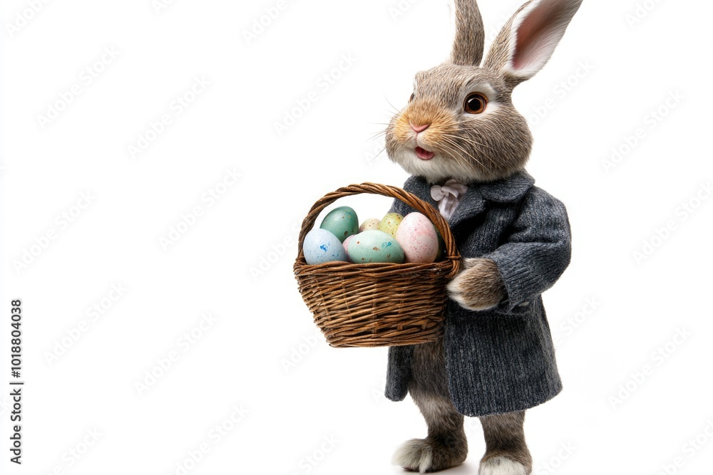 Poster A rabbit in a business suit holds a basket of eggs, perfect for Easter or springtime themes