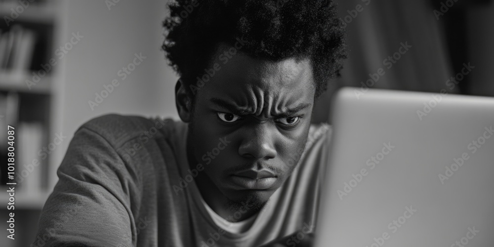 Poster a person sitting in front of a computer, focused on the screen