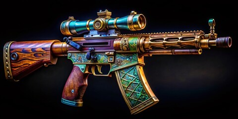 Naklejka premium Intricately Designed RPG Weapon with Metallic Accents and Exotic Wood Handle on Dark Background