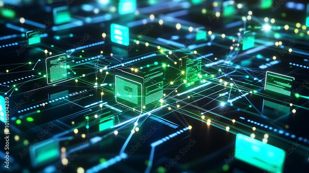 Aufkleber Abstract digital network with glowing lines and data blocks.