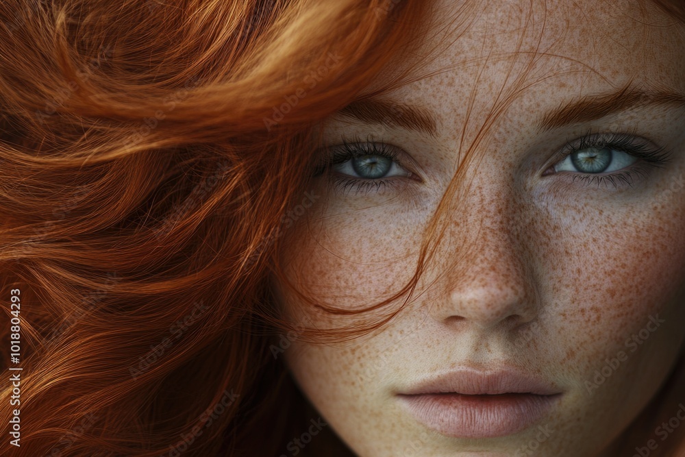 Sticker Close-up portrait of a woman with freckles, great for beauty and personal care illustrations