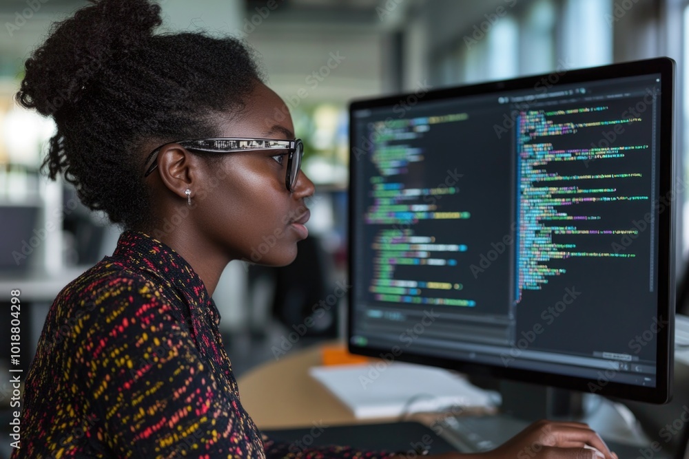 Poster A person sitting in front of a computer monitor with a focused expression