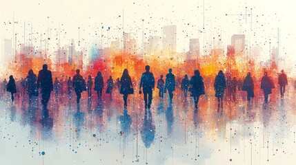 Obraz premium Abstract silhouette art of people walking through vibrant cityscape