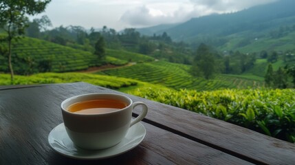 A cup of tea on a wooden table with a stunning view of a tea plantation in the mountains.