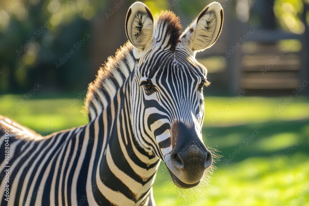 Poster a close-up shot of a zebra standing in a green field, with the camera focused on its distinctive bla