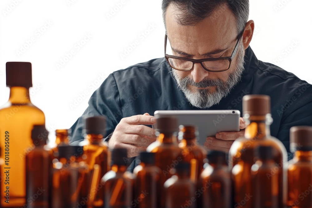 Poster A person examines their mobile device among stacked bottles, perhaps needing internet access or taking a break from daily tasks