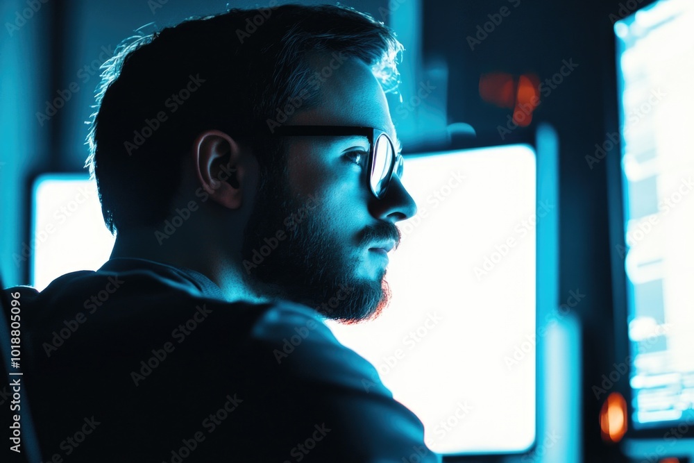 Aufkleber a person sits in front of two computer screens, working or focused