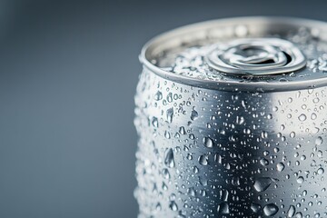 Aluminum can with water drops on grey background