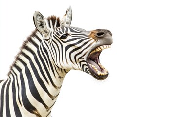 A close-up view of a zebra's face, its mouth open in a natural expression