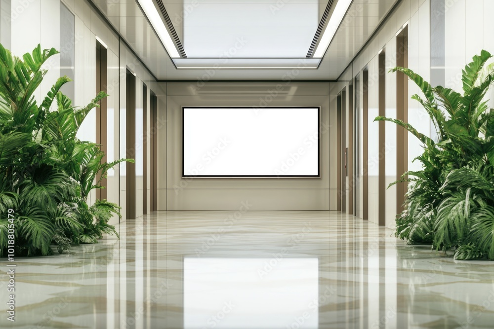 Poster long corridor with lush greenery and a large digital display