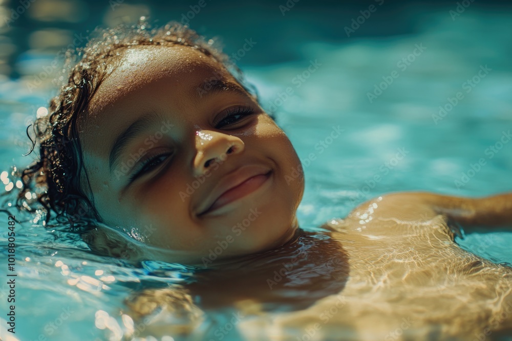 Poster a young girl smiling and enjoying the water while floating in a pool
