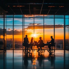 Fototapeta premium Silhouette of business professionals in a meeting against a sunset backdrop.